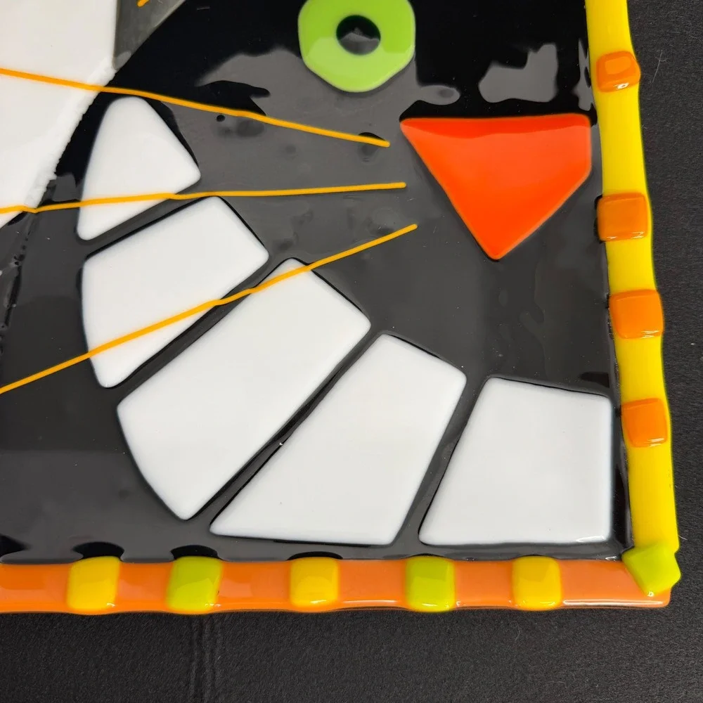 Halloween Glass Square Plate Black Cat Orange Yellow Fused Glass Party Plate